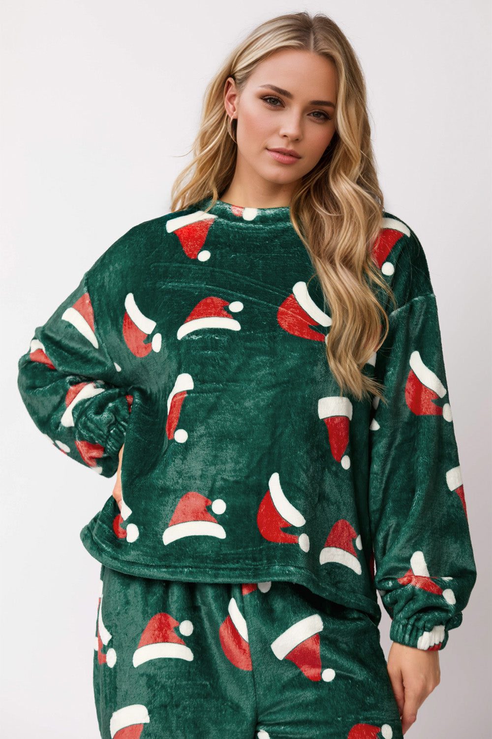 Christmas Hat Pattern Round Neck Long Sleeve Top and Pants Set - ClassiQ