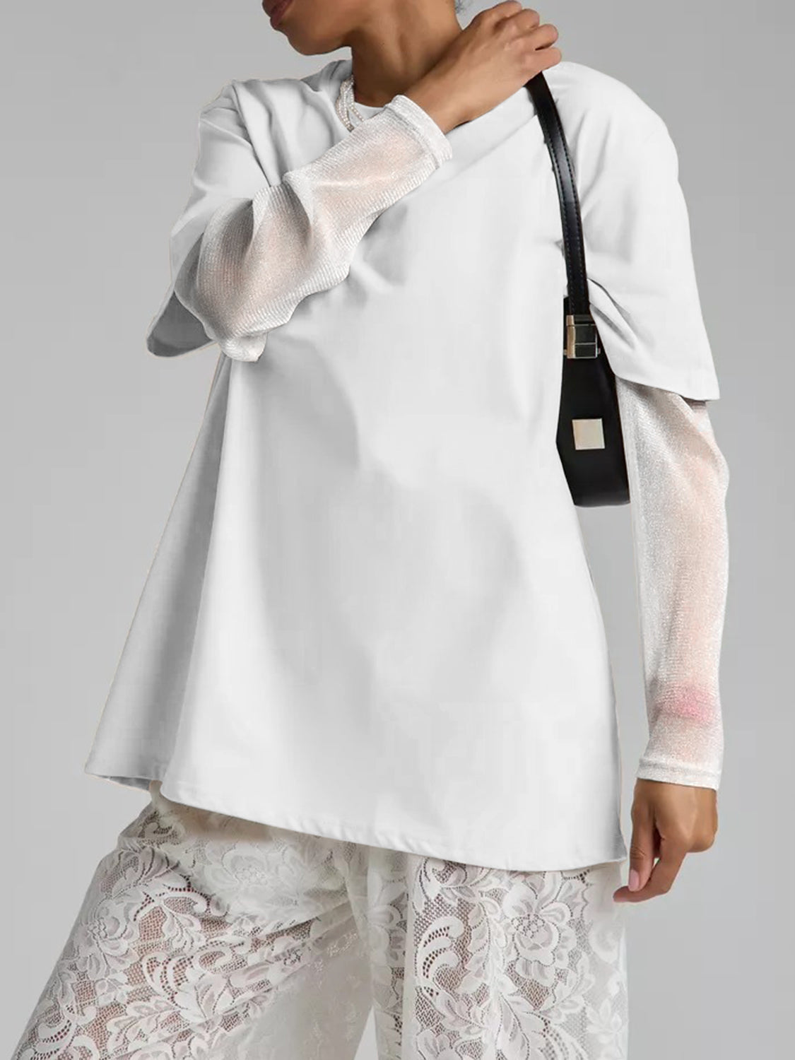 Faux Layered Round Neck Mesh Sleeve Top - Classique Collection