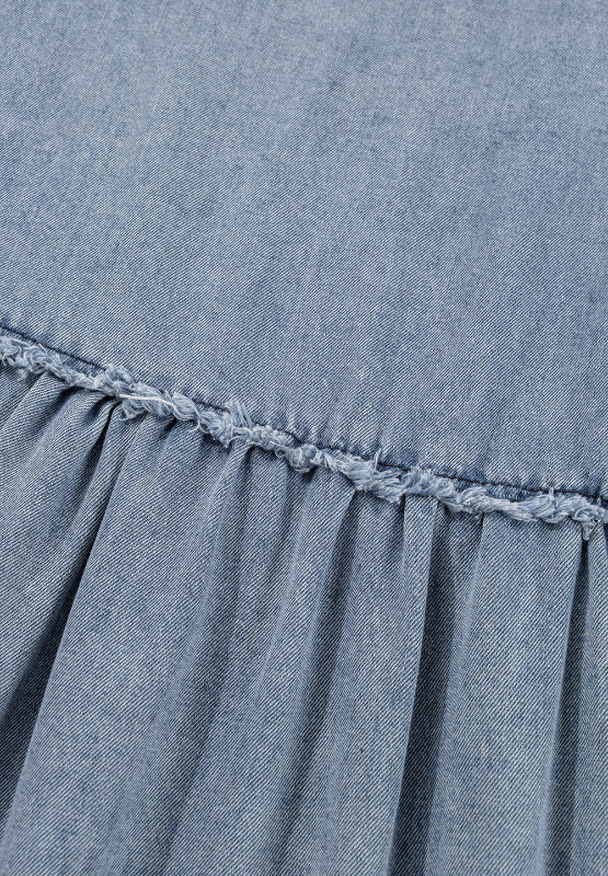 Cutout Round Neck Balloon Sleeve Denim Dress - Classique Collection