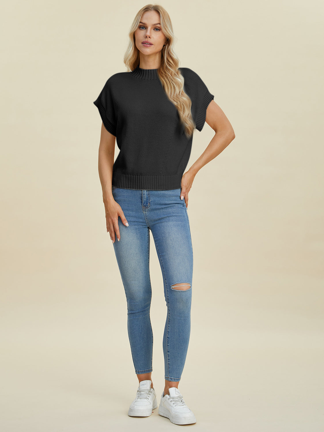 Double Take Full Size Mock Neck Short Sleeve Sweater - ClassiQ