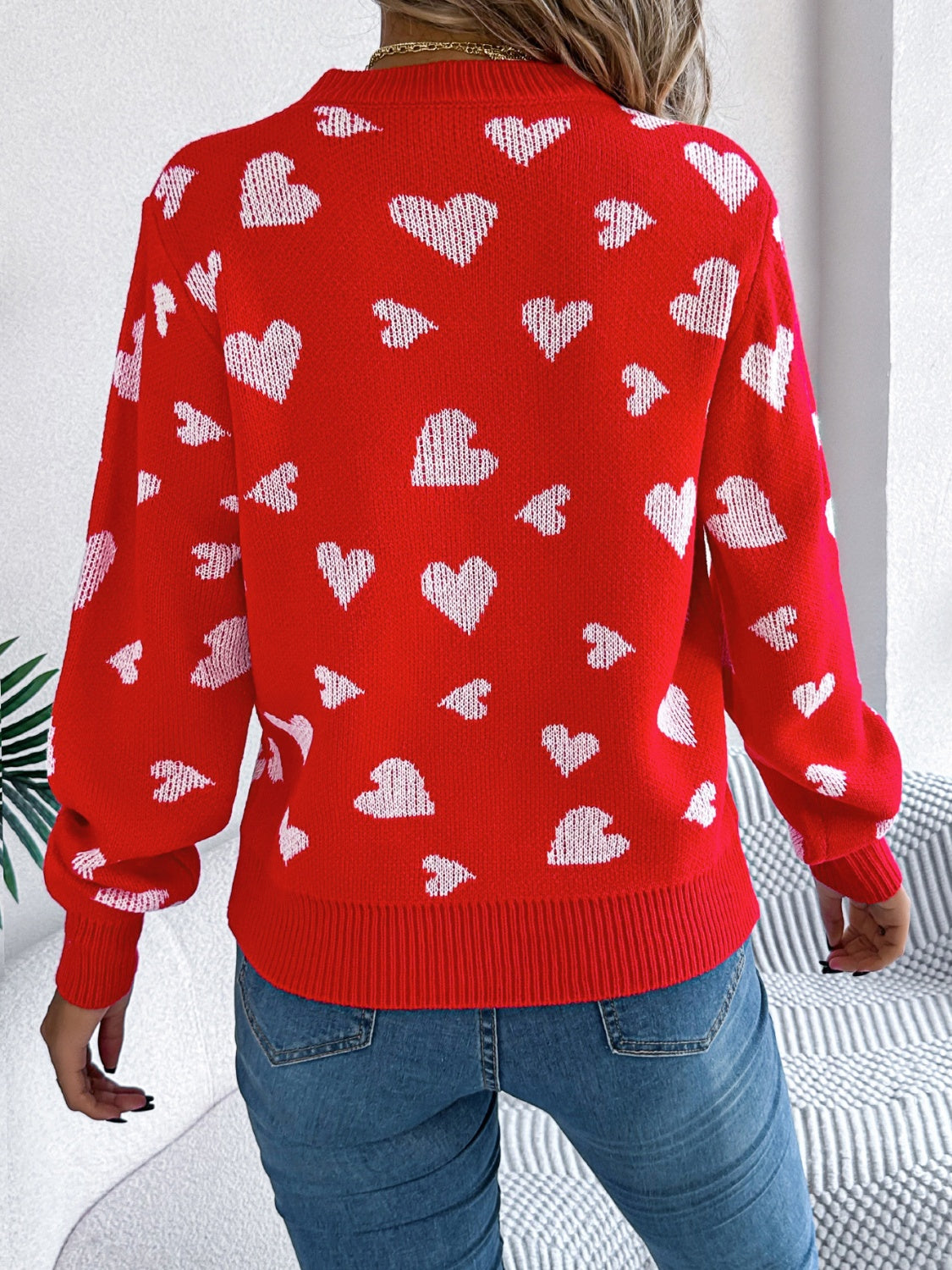Heart Round Neck Long Sleeve Sweater - ClassiQ