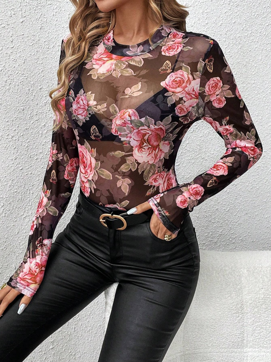 Mesh Floral Mock Neck Long Sleeve Top - Classique Collection
