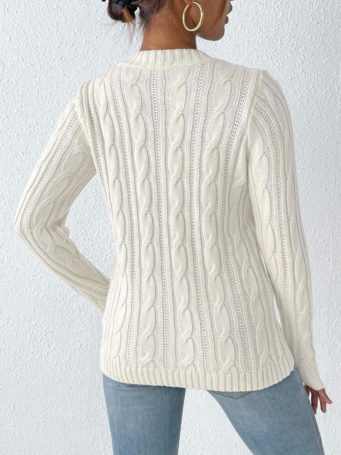 Cable-Knit Heart Round Neck Long Sleeve Sweater - ClassiQ
