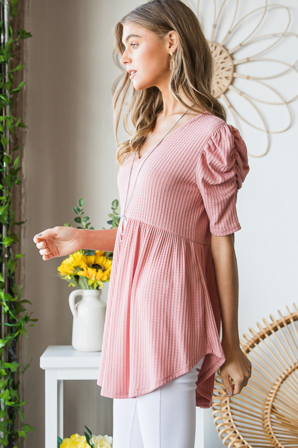 Heimish Full Size Waffle Knit V-Neck Babydoll Top - ClassiQ