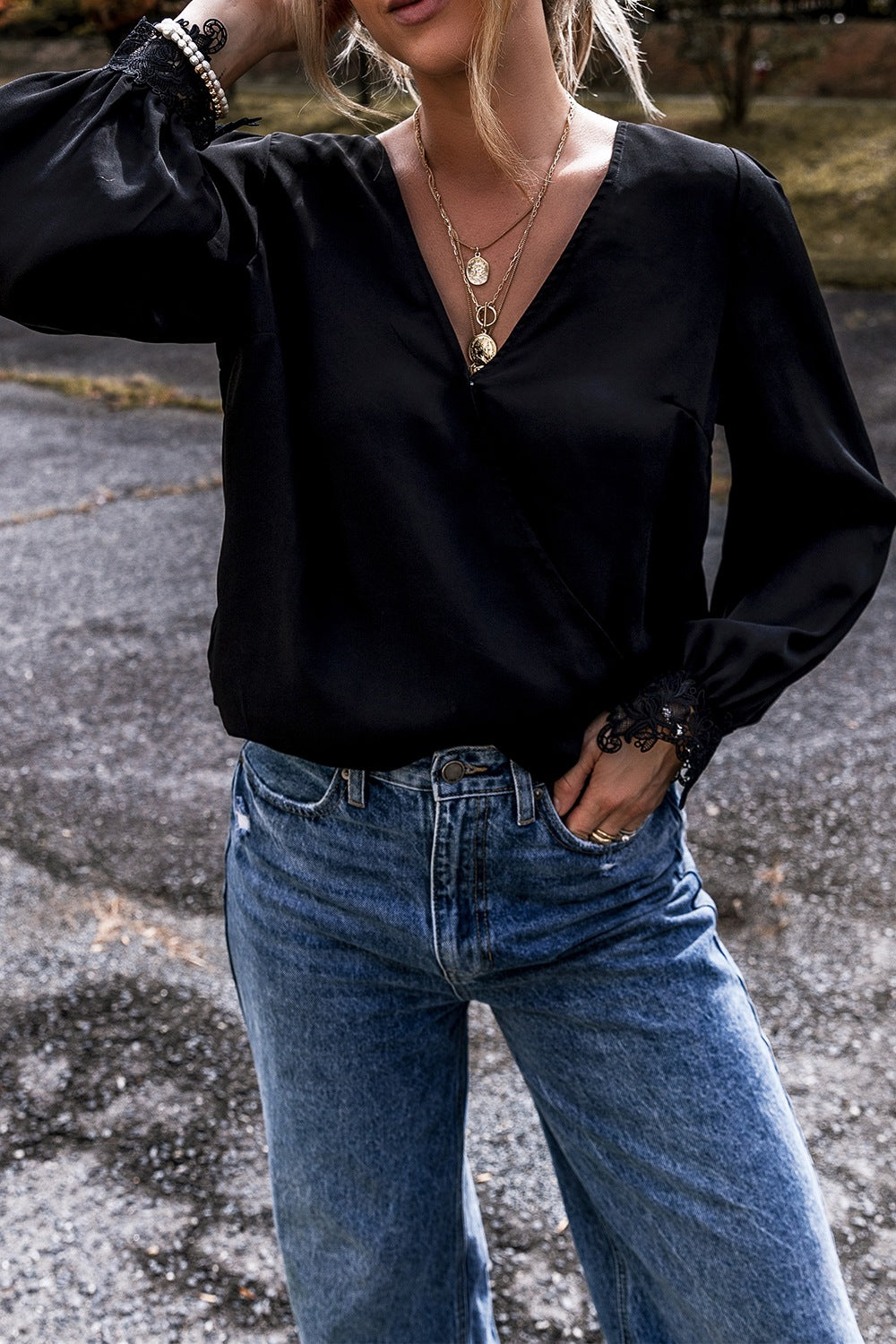 Lace Detail Surplice Long Sleeve Blouse - Classique Collection