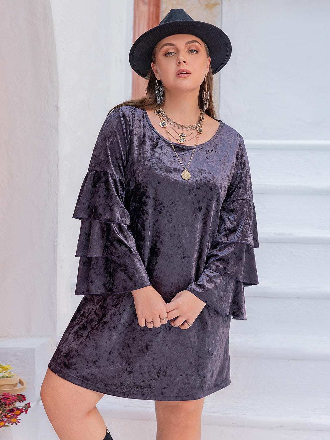 Plus Size Round Neck Flounce Sleeve Mini Dress - Classique Collection