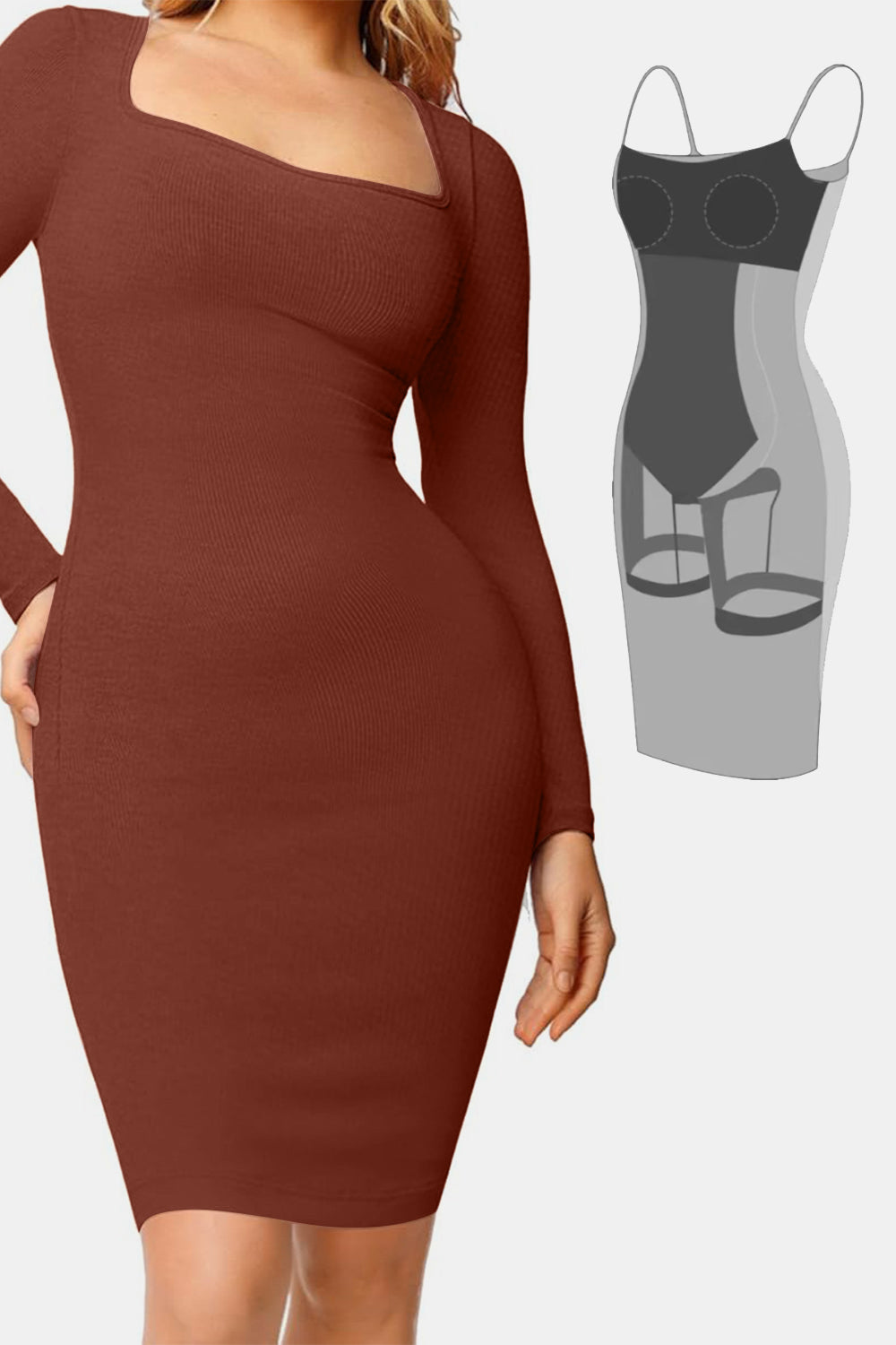 Basic Bae Full Size Built-In Shapewear Square Neck Long Sleeve Dress - Classique Collection