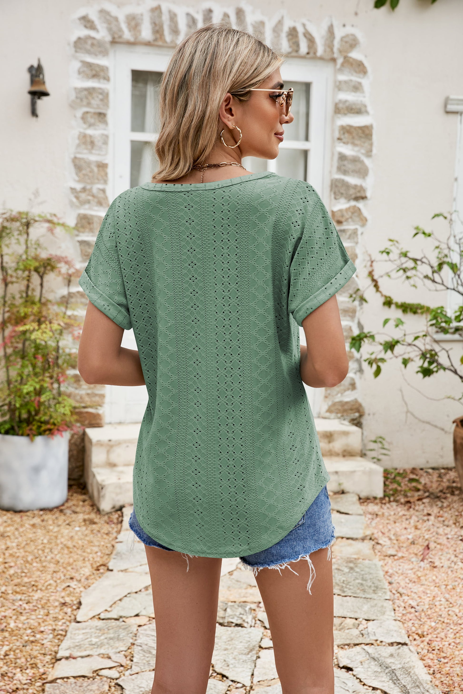 Full Size Round Neck Eyelet Short Sleeve Top - Classique Collection