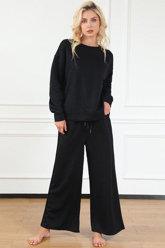 Double Take Full Size Textured Long Sleeve Top and Drawstring Pants Set - ClassiQ