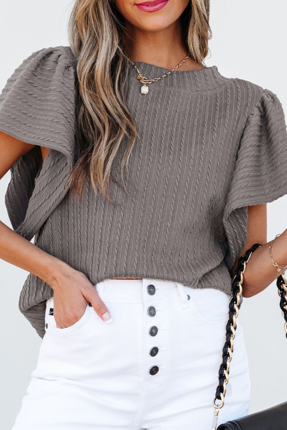 Textured Round Neck Flounce Sleeve Blouse - Classique Collection