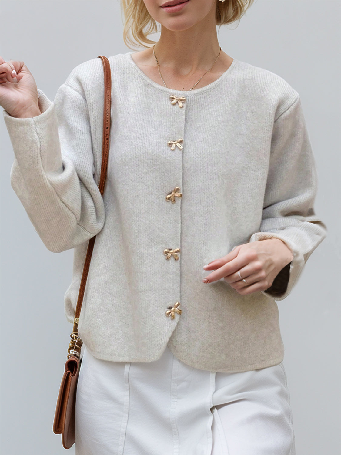 Bow Button Down Round Neck Long Sleeve Cardigan - Classique Collection