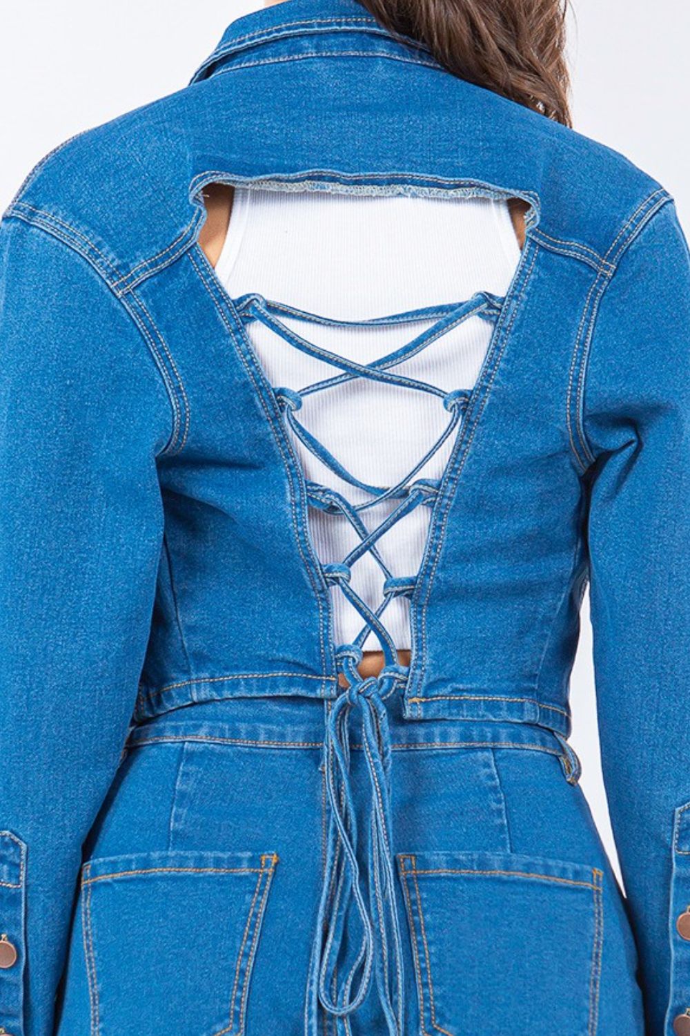 American Bazi Laced Back Cropped Denim Jacket - Classique Collection