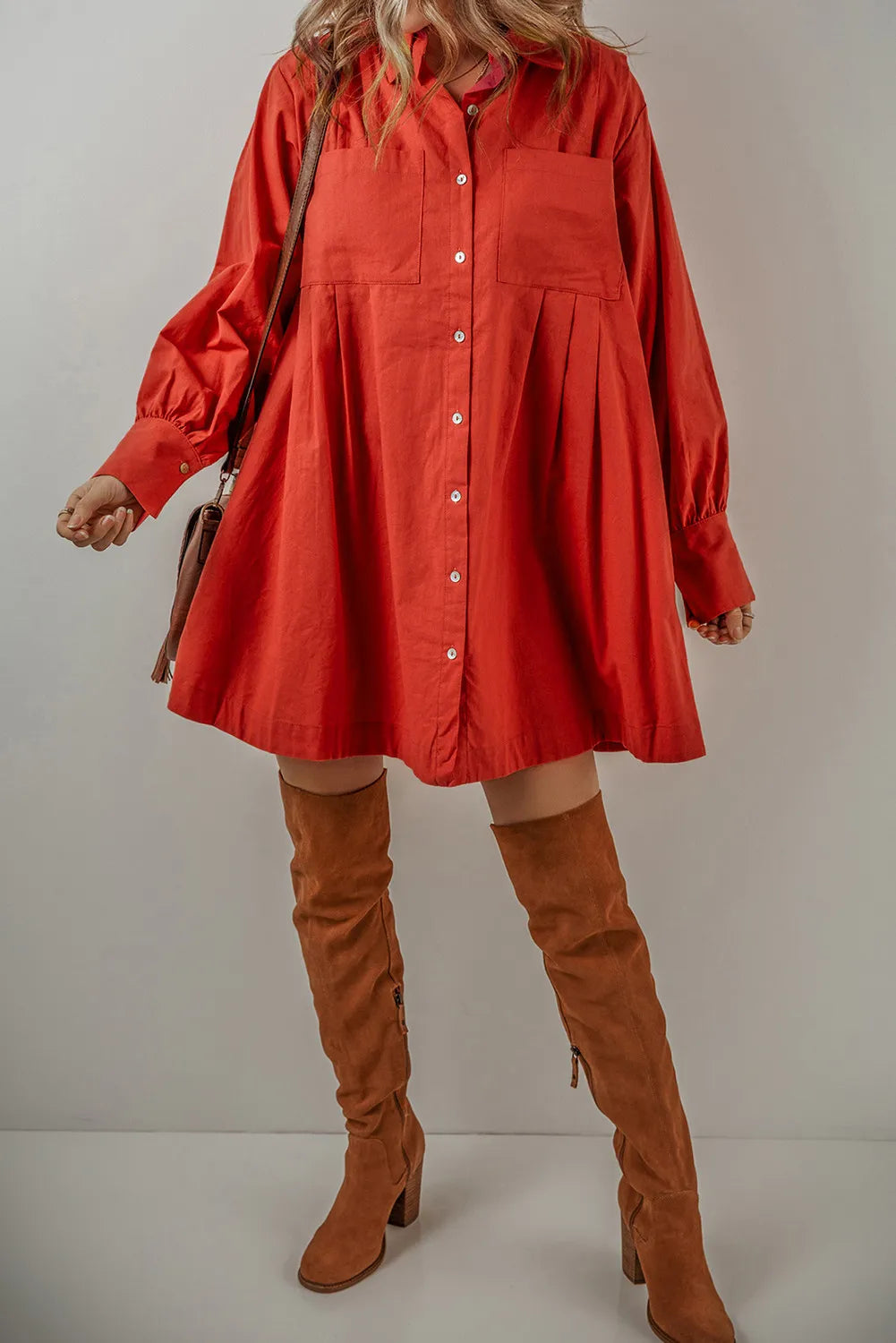 Pocketed Button Down Long Sleeve Shirt Dress - Classique Collection