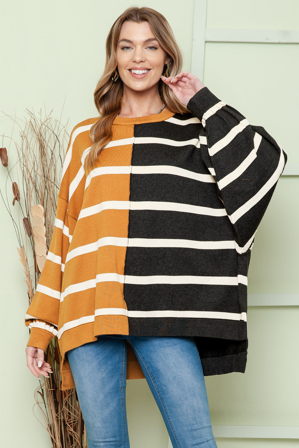 Striped Dropped Shoulder Round Neck Blouse - Classique Collection