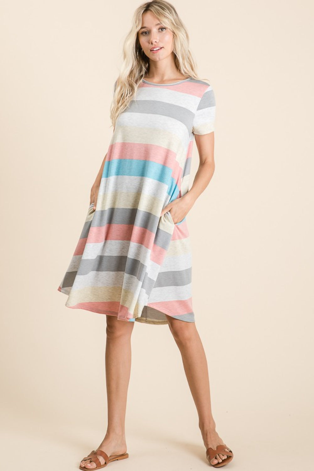 BOMBOM Striped Short Sleeve Dress with Pockets - Classique Collection