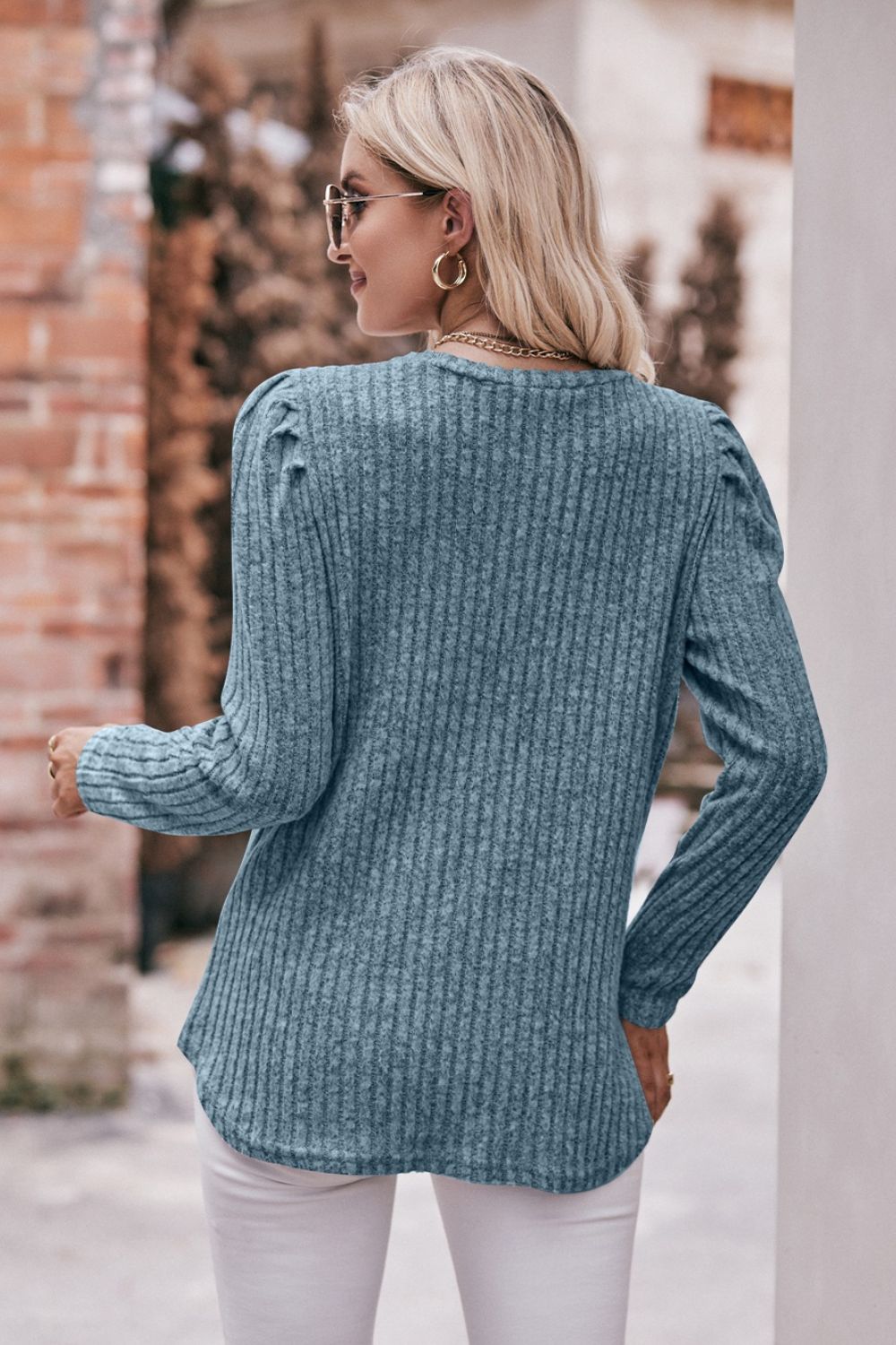 Mandy Round Neck Puff Sleeve Ribbed Top - Classique Collection