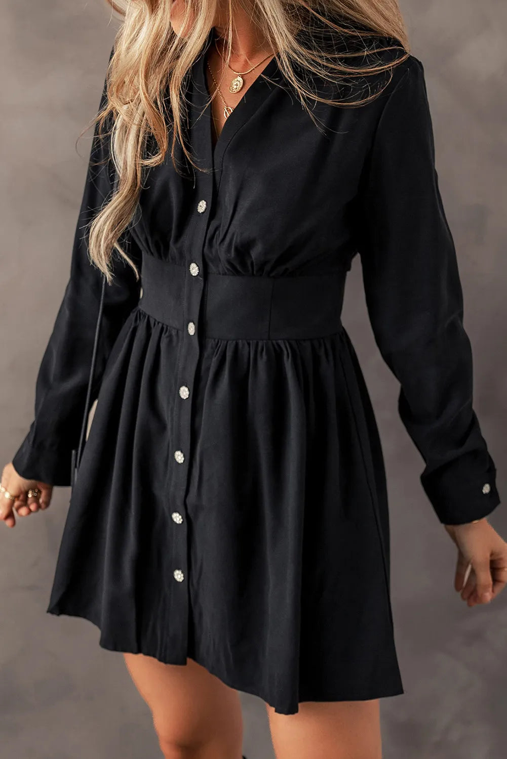 Ruched Button Up Long Sleeve Dress - Classique Collection