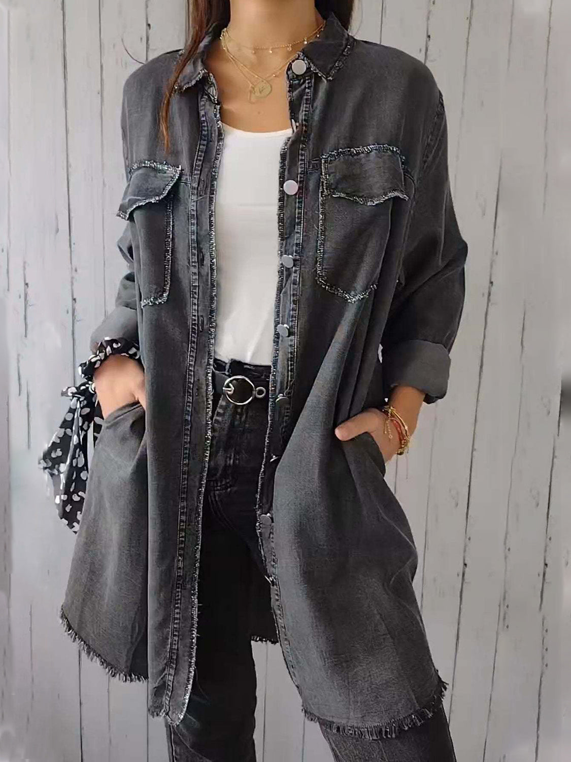 Full Size Raw Hem Button Up Long Sleeve Denim Top Plus Size - Classique Collection
