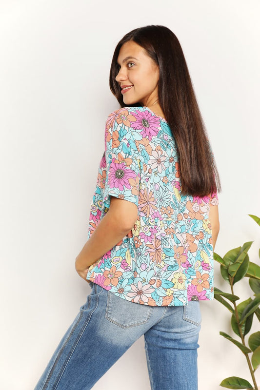 Double Take Floral Round Neck Babydoll Top - Classique Collection