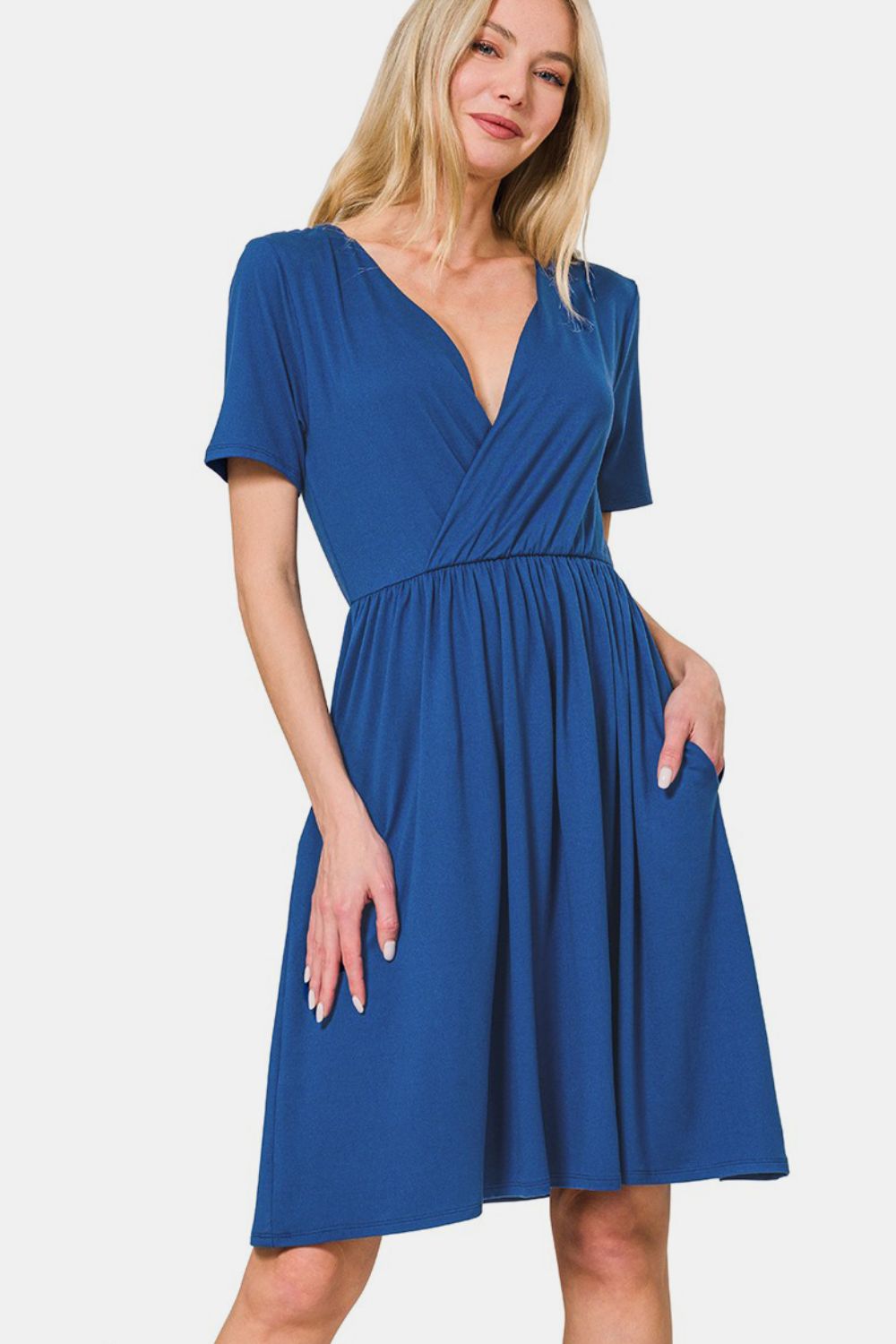 Zenana Surplice Short Sleeve Brushed DTY Dress - Classique Collection
