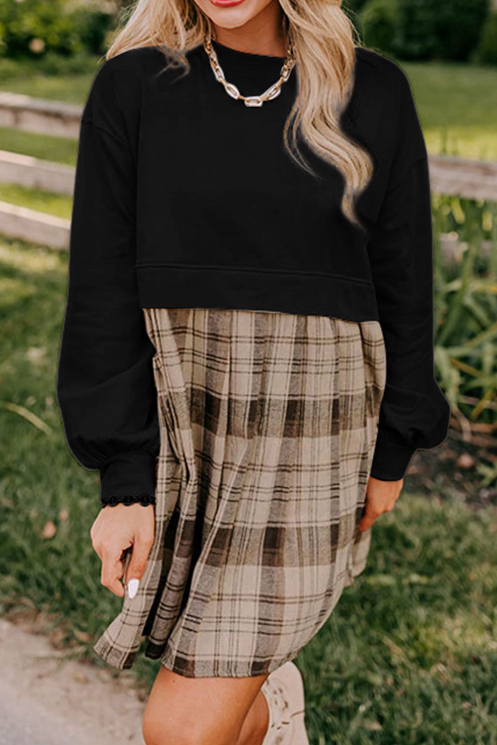 Plaid Round Neck Long Sleeve Mini Dress - Classique Collection