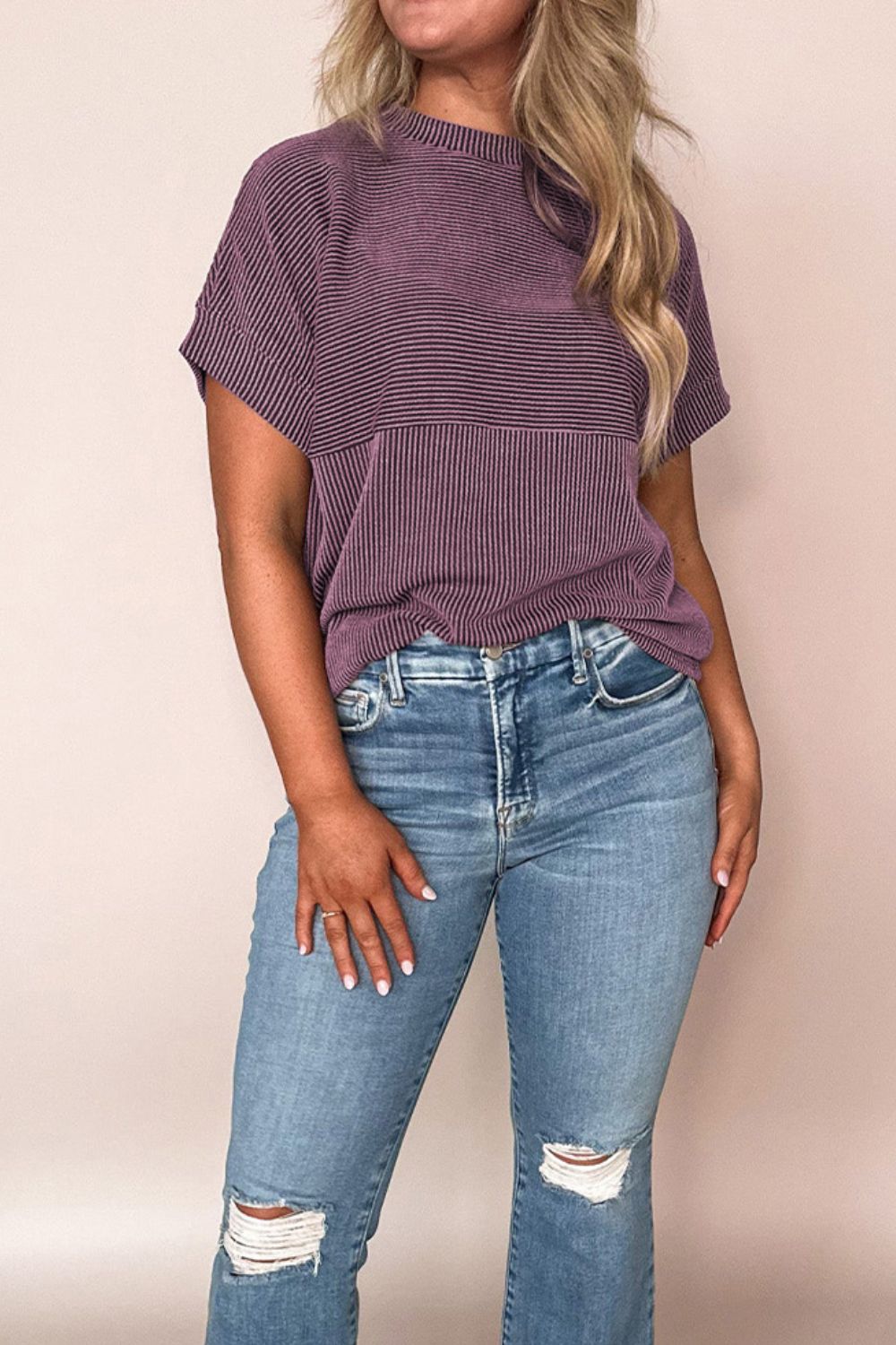 Corded Knit Mock Neck Short Sleeve T Shirt - Classique Collection