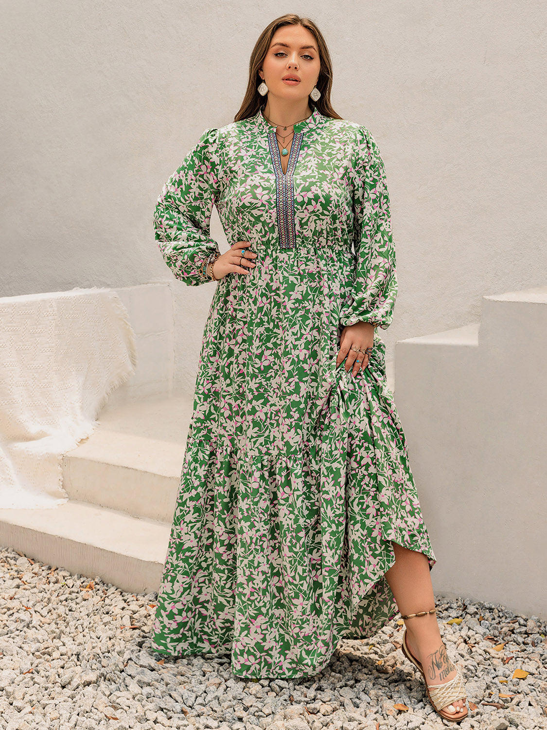 Plus Size Printed Notched Long Sleeve Maxi Dress - Classique Collection