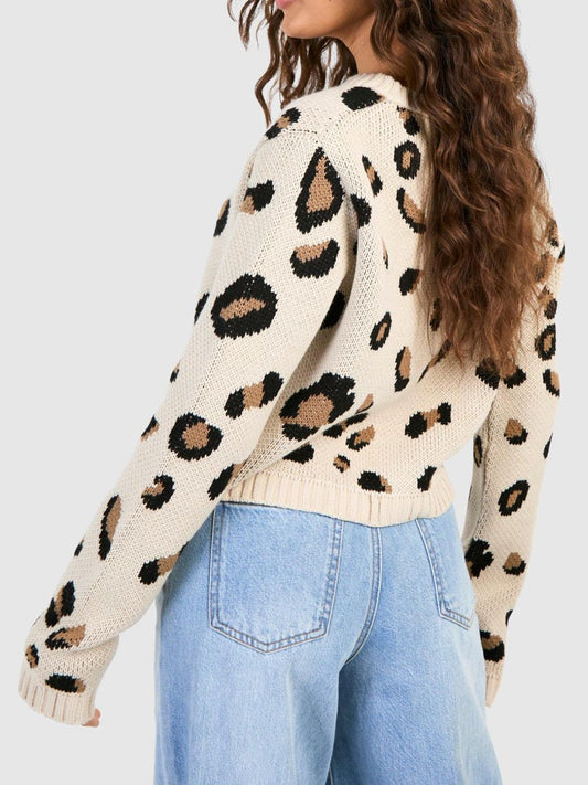 Tied Leopard Round Neck Cardigan - Classique Collection