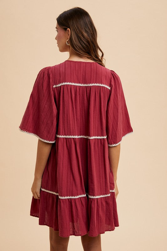 Annie Wear Tassel Contrast Trim Tie Neck Half Sleeve Tiered Dress - ClassiQ