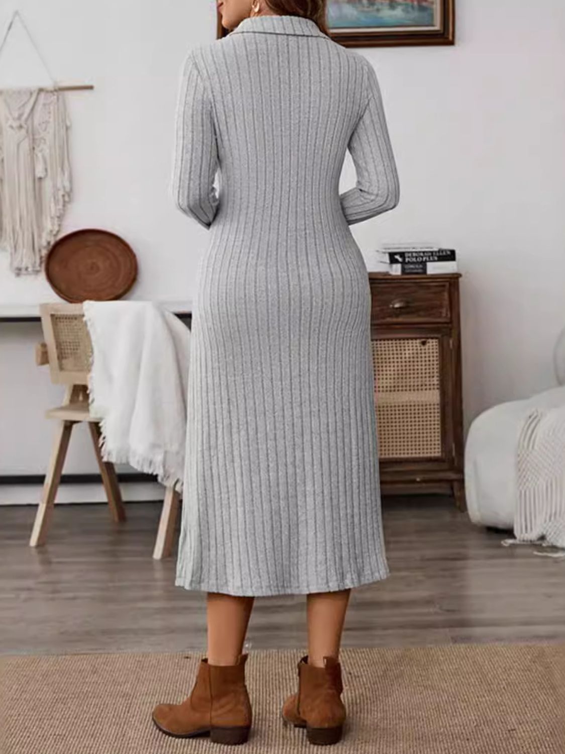 Collared Neck Long Sleeve Midi Dress - Classique Collection