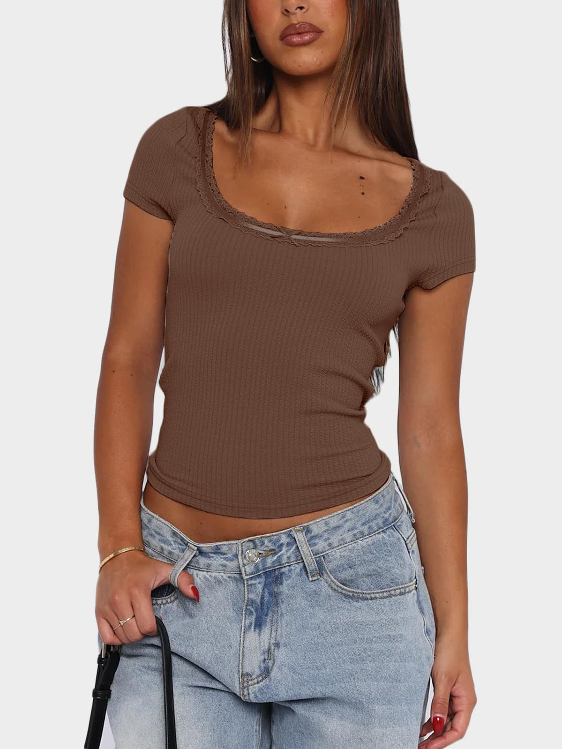 Lace Detail Scoop Neck Short Sleeve T-Shirt - Classique Collection