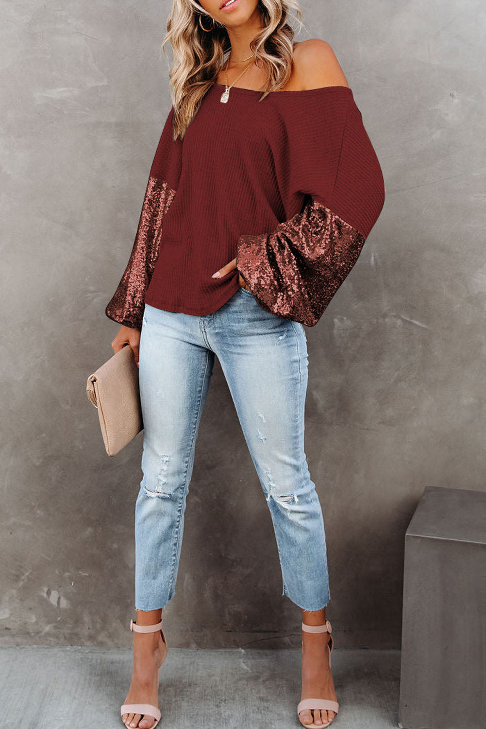 Sequin Waffle-Knit Blouse - ClassiQ
