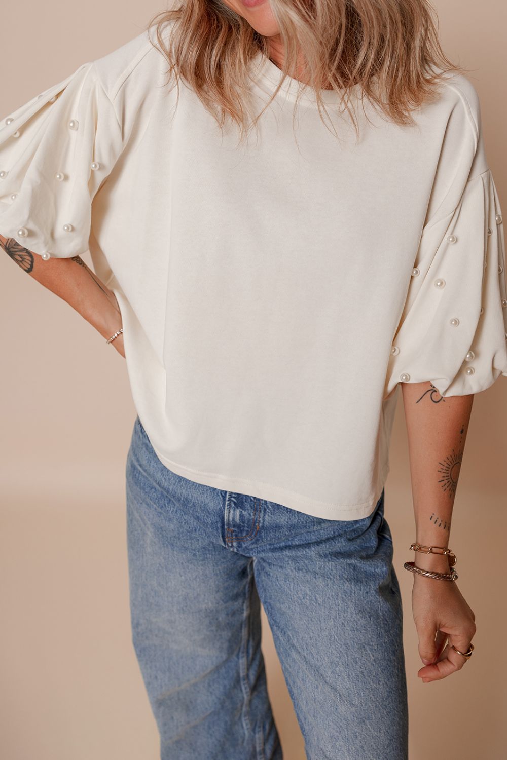Pearl Detail Round Neck Half Sleeve Blouse - Classique Collection