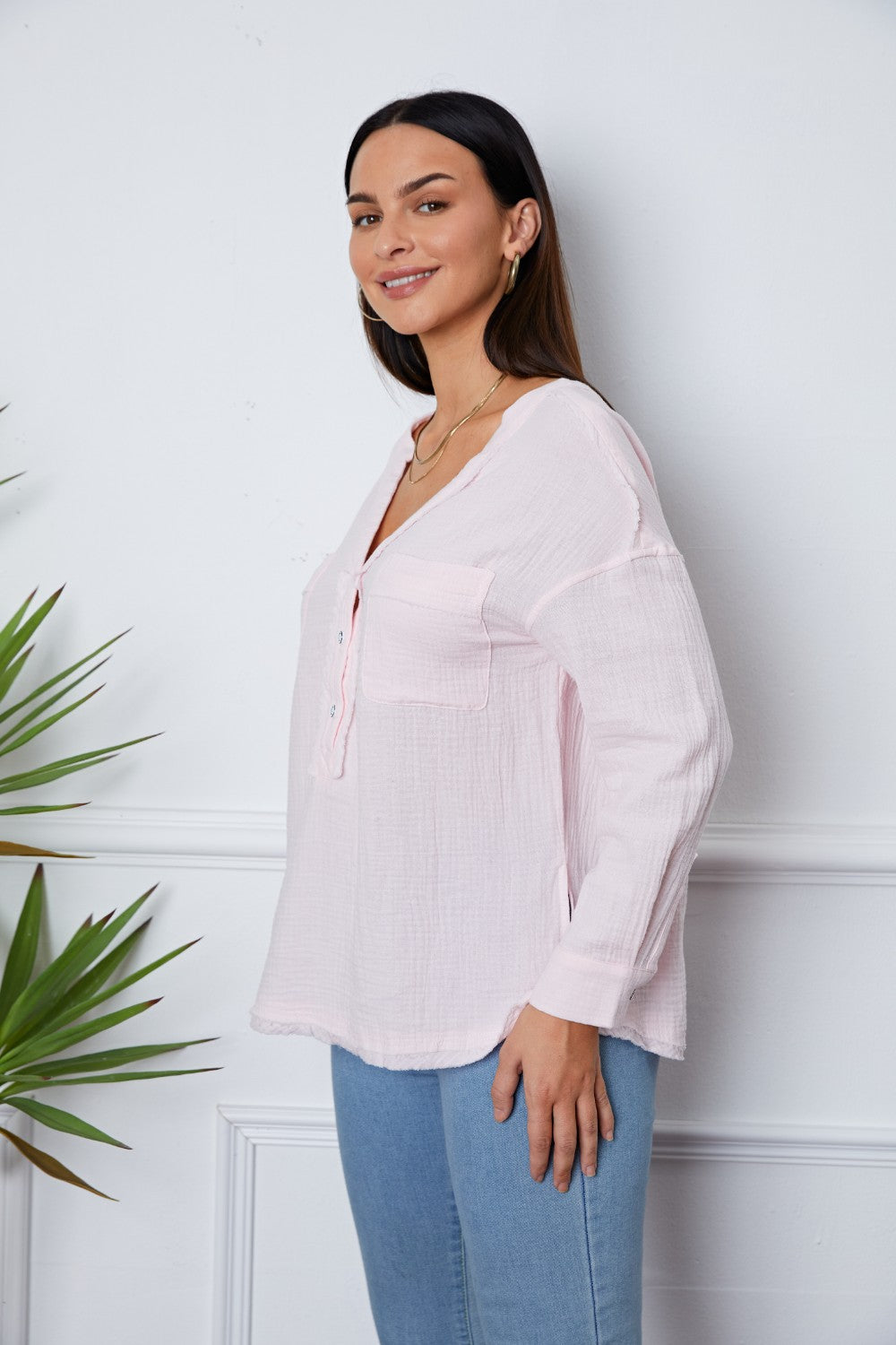 Texture Half Button Raw Hem Top - ClassiQ
