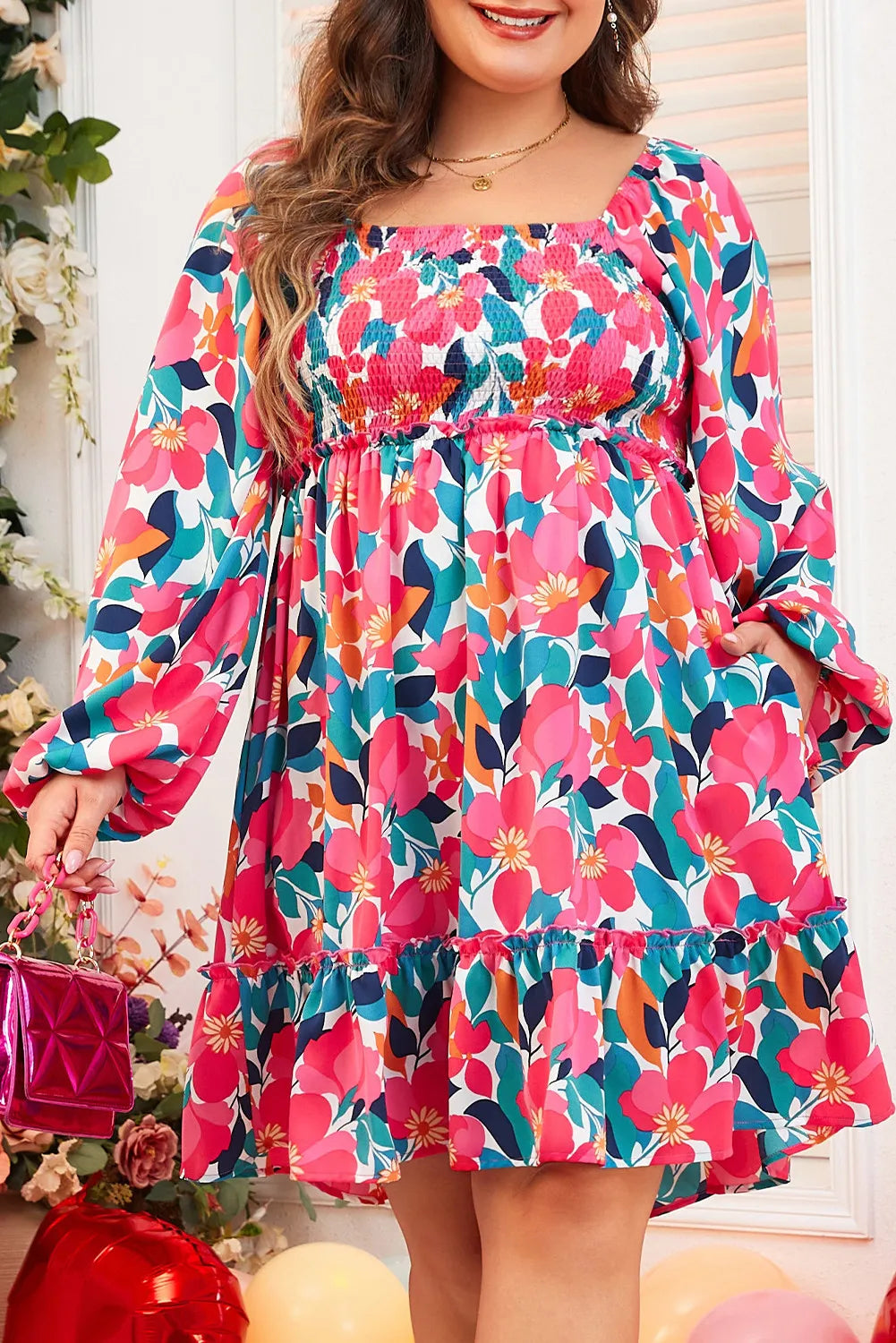 Plus Size Smocked Floral Square Neck Balloon Sleeve Dress - Classique Collection