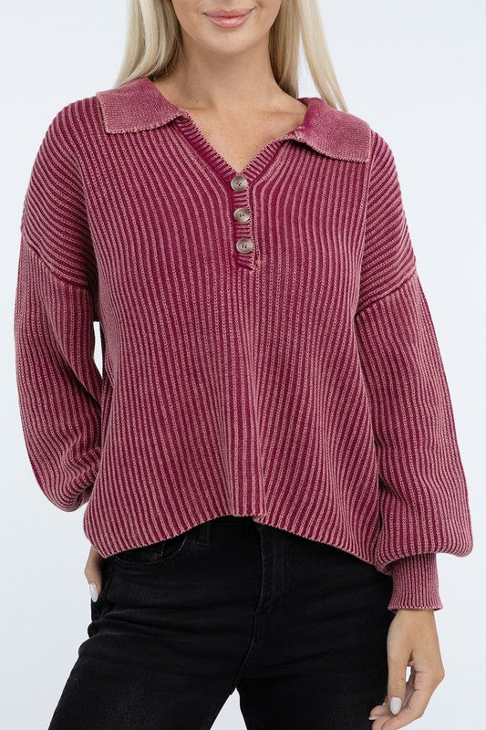 Washed Collared Henley Sweater - Classique Collection