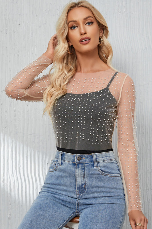 Pearl Long Sleeve Mesh Cropped Top - Classique Collection