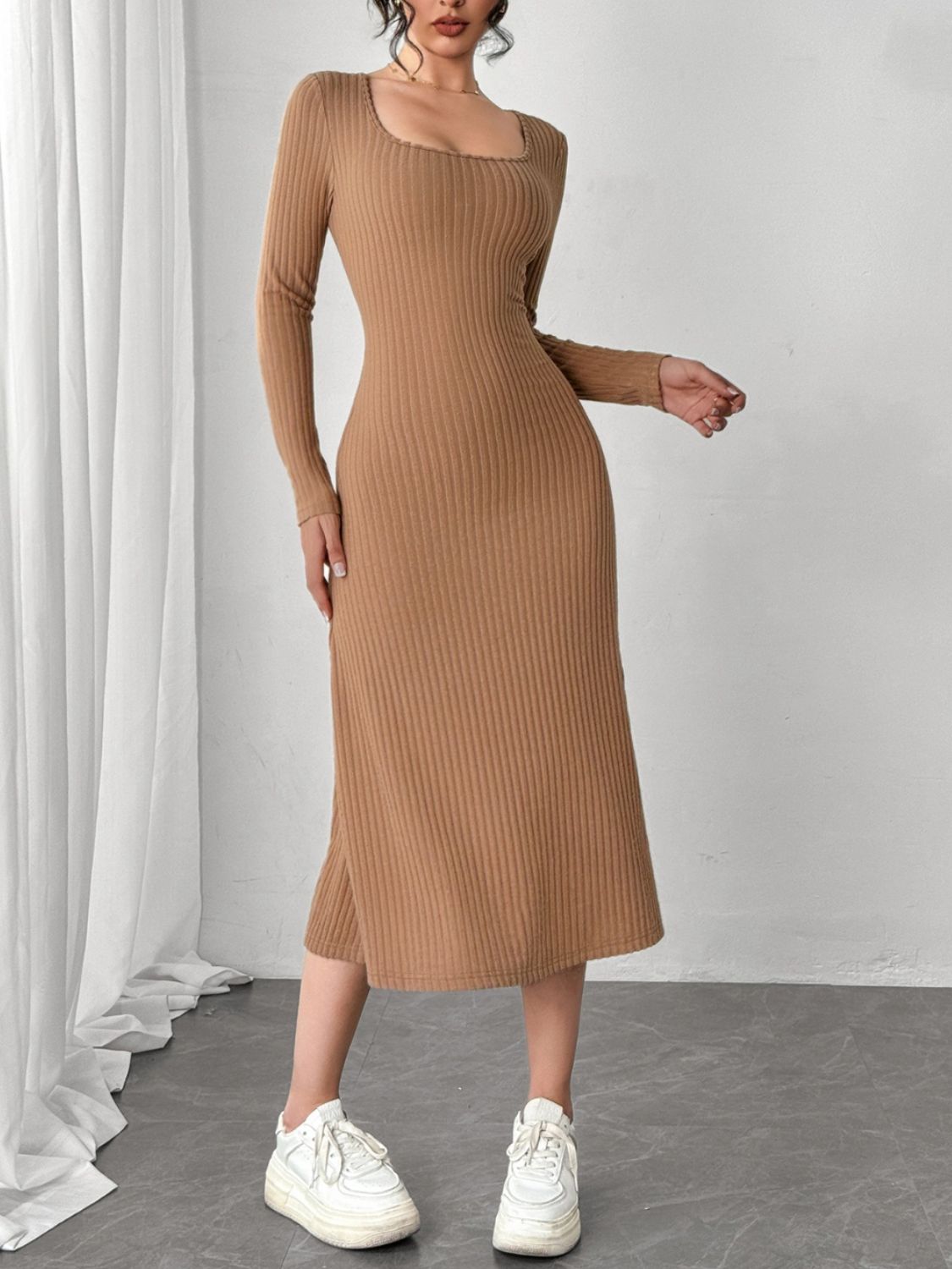 Square Neck Long Sleeve Midi Wrap Dress - Classique Collection