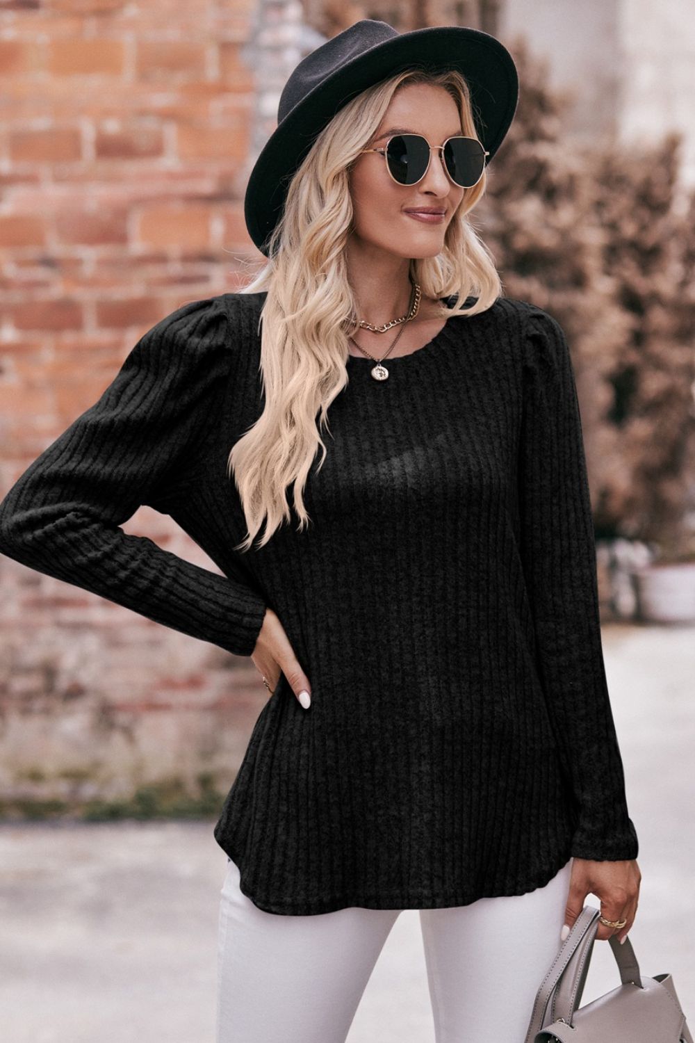 Mandy Round Neck Puff Sleeve Ribbed Top - Classique Collection