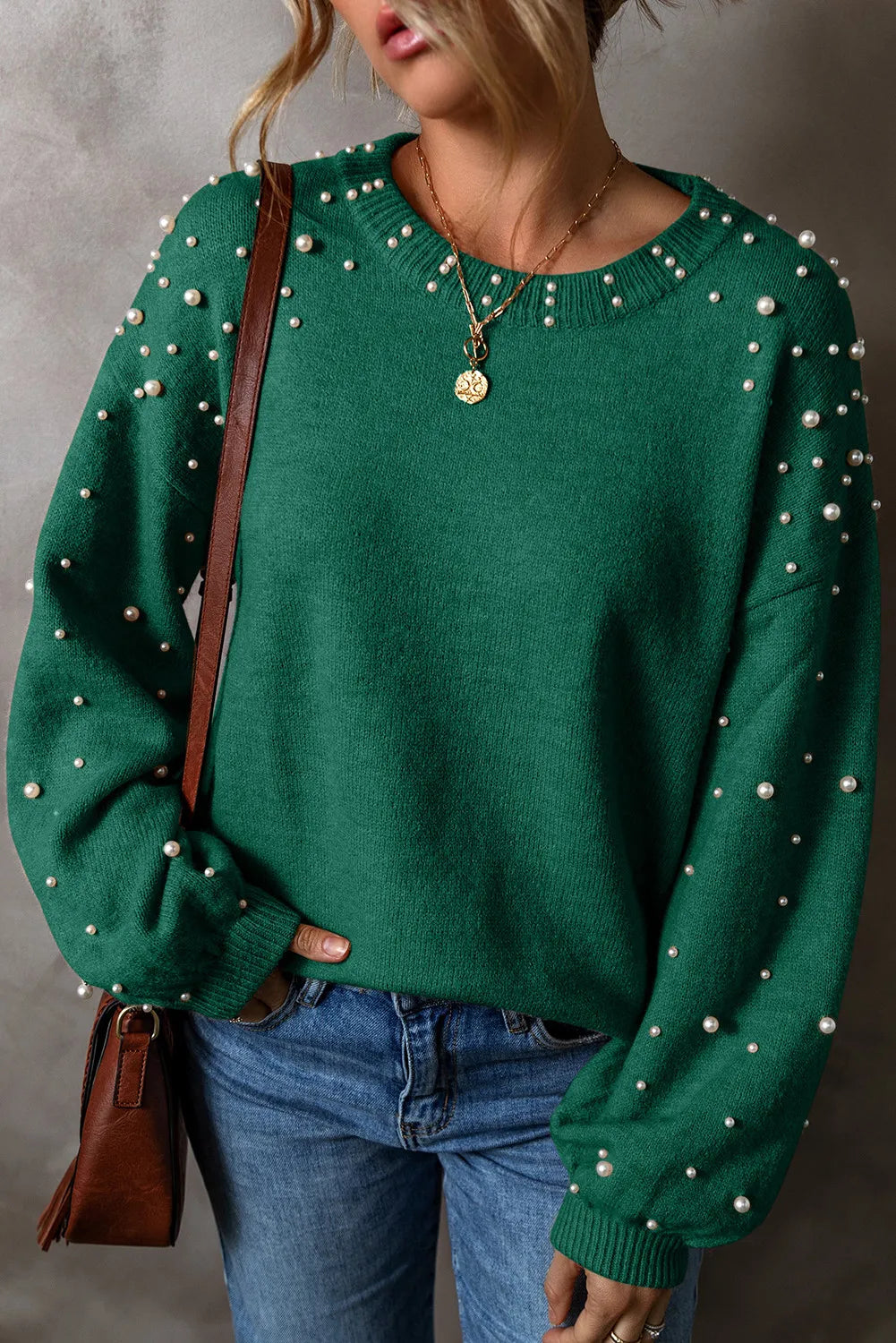 Pearl Detail Round Neck Long Sleeve Sweater - ClassiQ