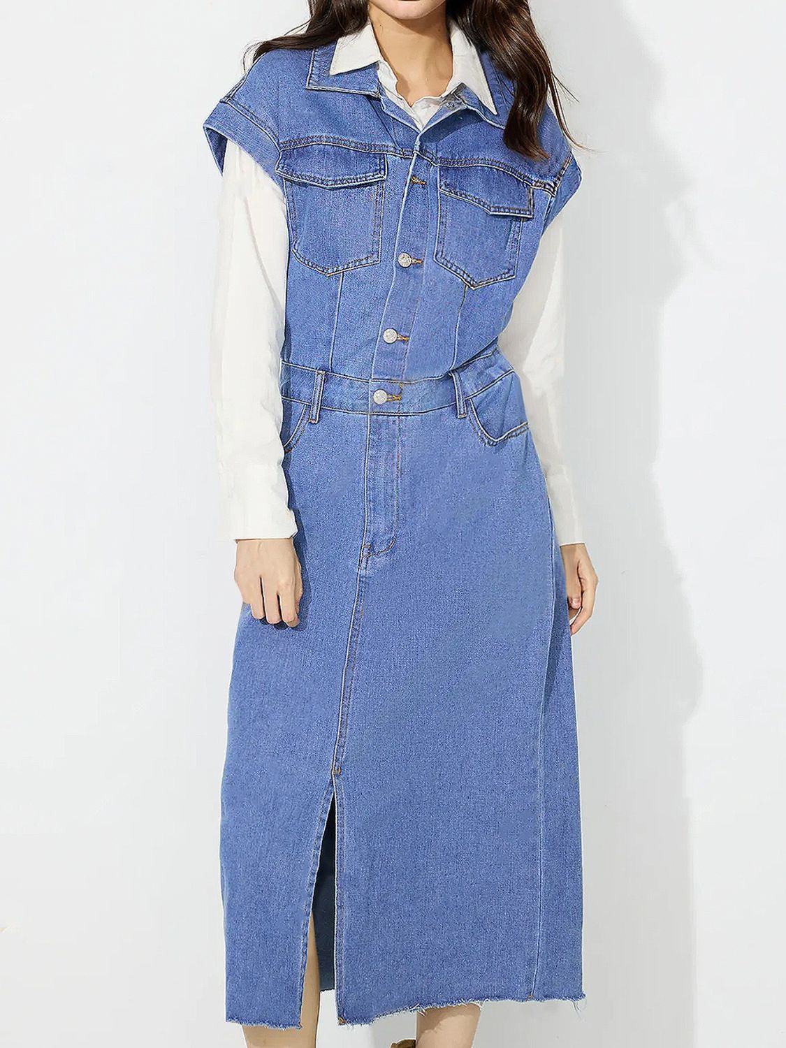 Slit Half Button Collared Neck Cap Sleeve Denim Dress - Classique Collection