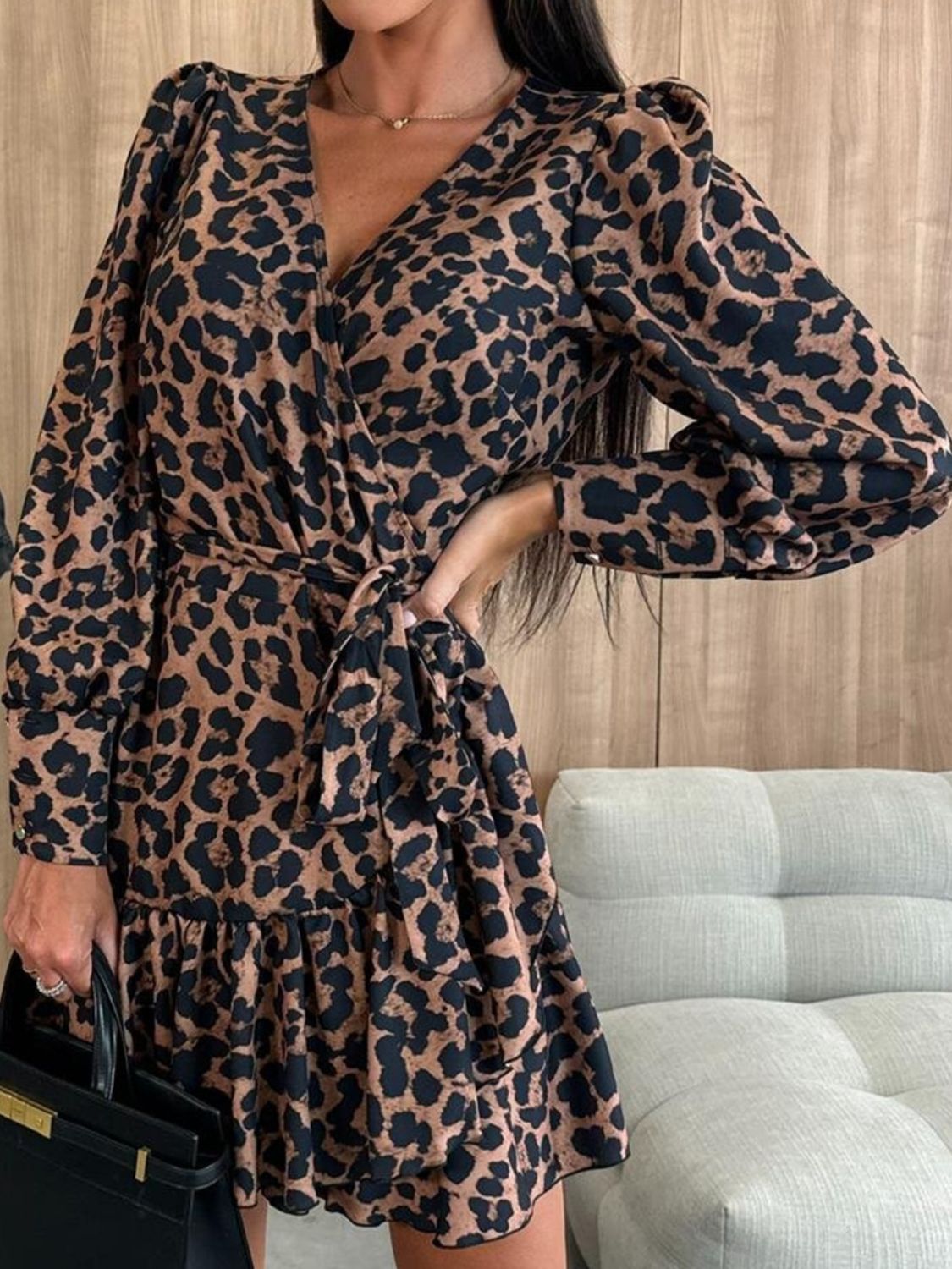Tied Leopard Surplice Long Sleeve Dress - Classique Collection