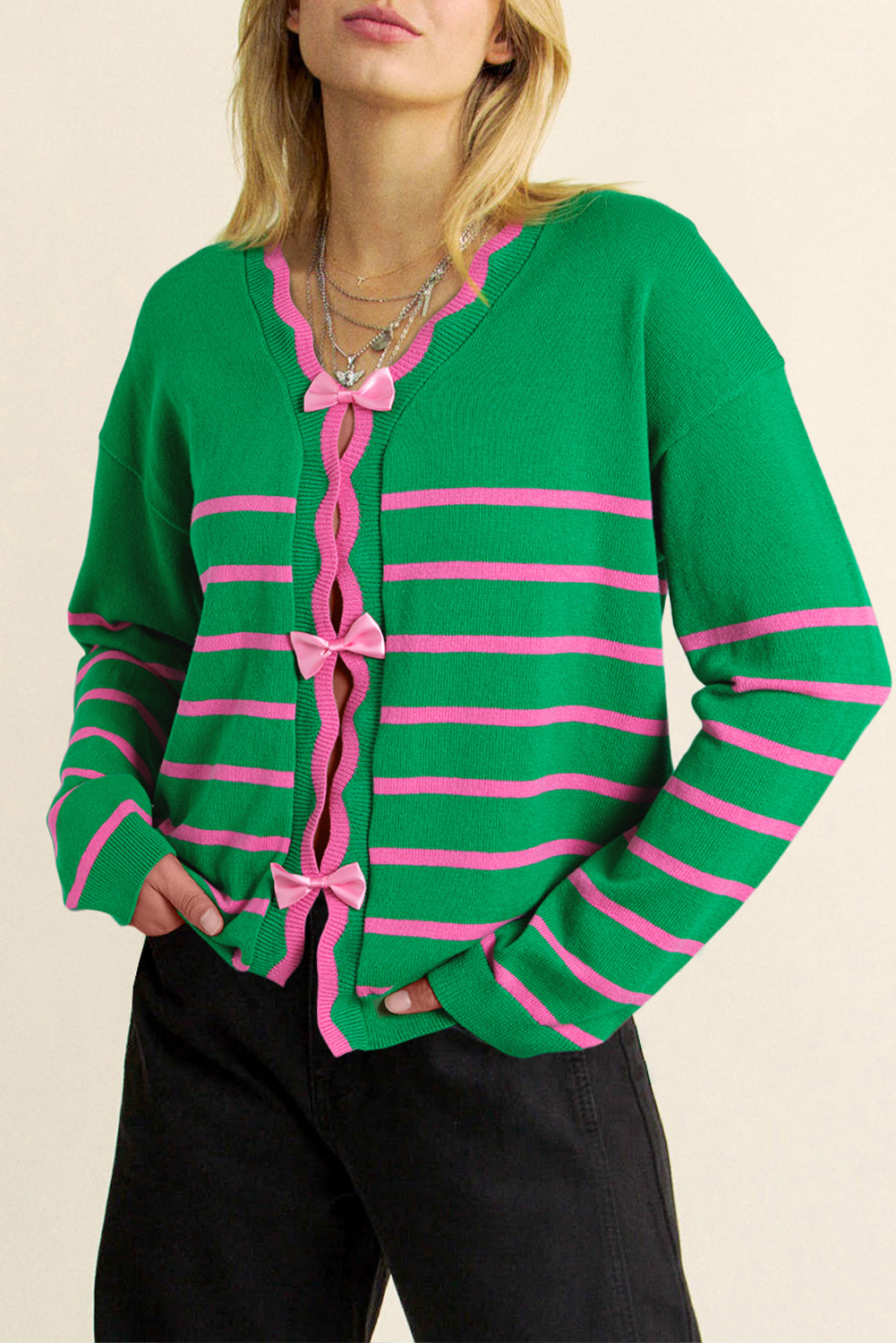 Bow Striped V-Neck Long Sleeve Cardigan - ClassiQ