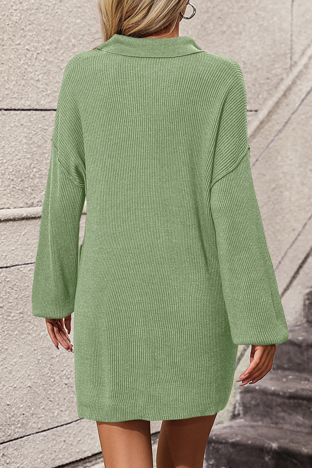 Collared Neck Long Sleeve Sweater Dress with Pockets - Classique Collection