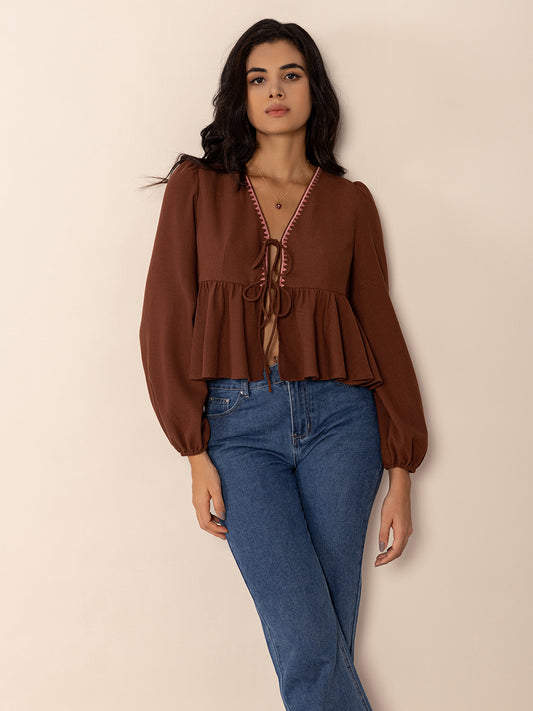 Peplum Tied V-Neck Long Sleeve Blouse - Classique Collection