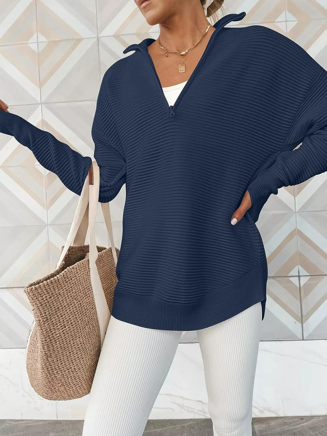 Half Zip Long Sleeve Knit Top - ClassiQ