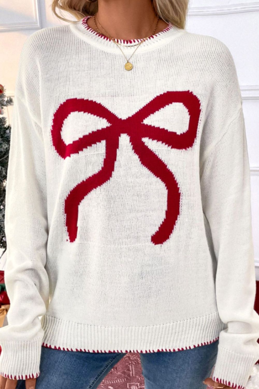 Bow Round Neck Drop Shoulder Sweater - Classique Collection
