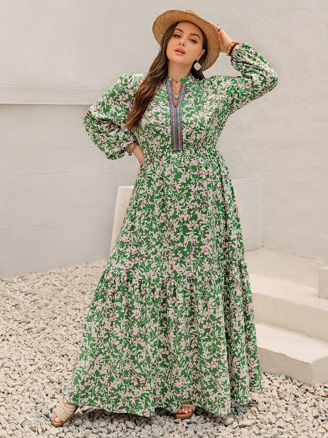 Plus Size Printed Notched Long Sleeve Maxi Dress - Classique Collection