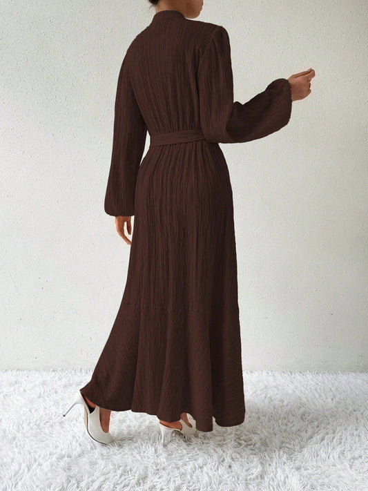Half Button Tie Waist Long Sleeve Maxi Dress - Classique Collection