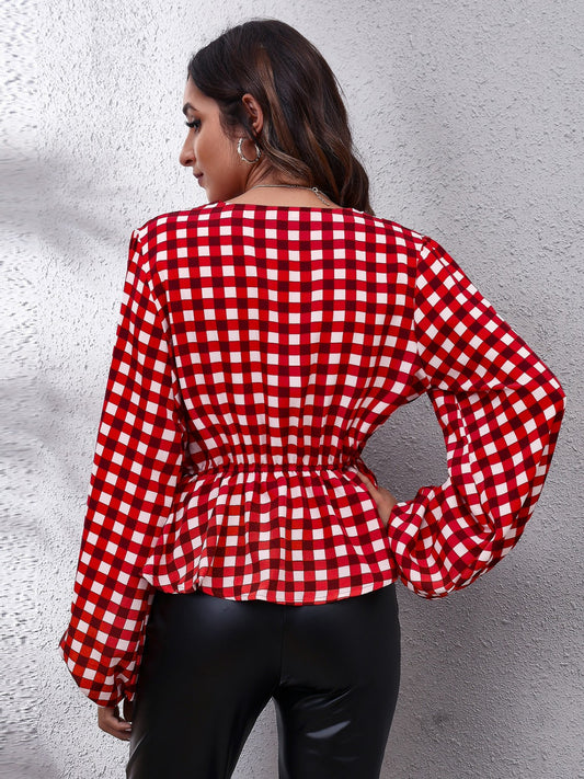 Plaid V-Neck Balloon Sleeve Peplum Blouse - Classique Collection